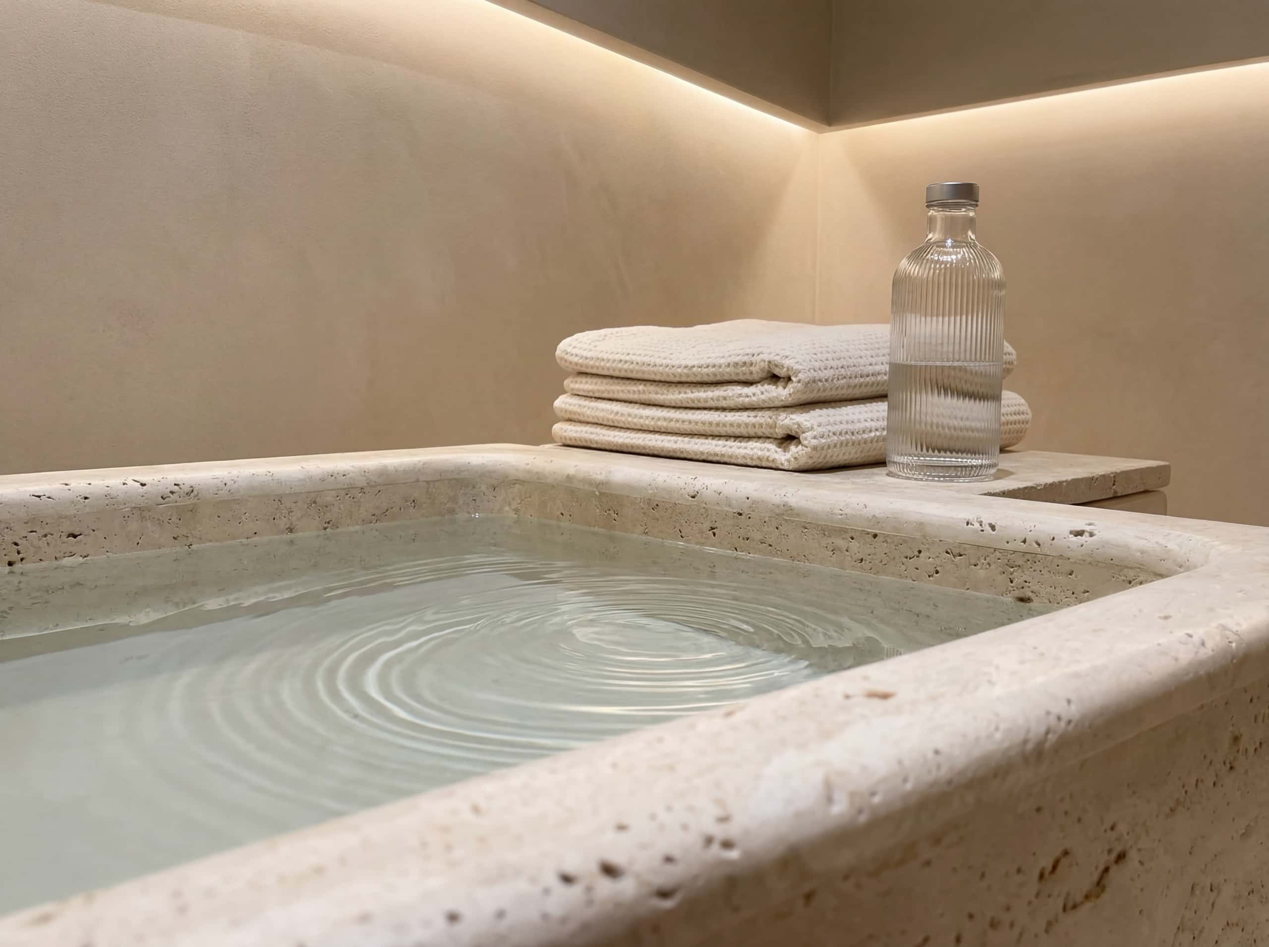 Pale stone plunge basin with water ripples