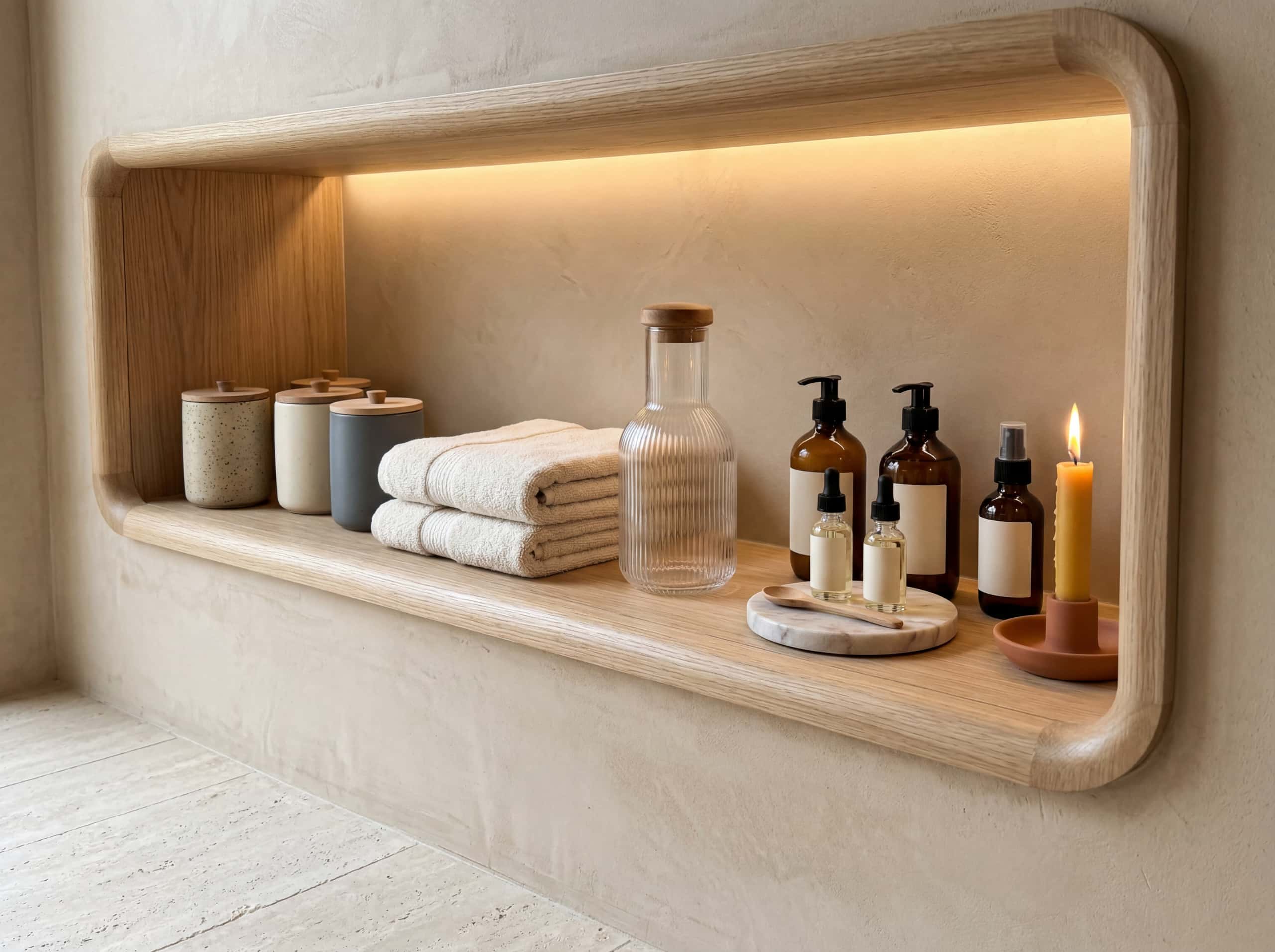 Product shelf with ceramic jars and ribbed glass carafe