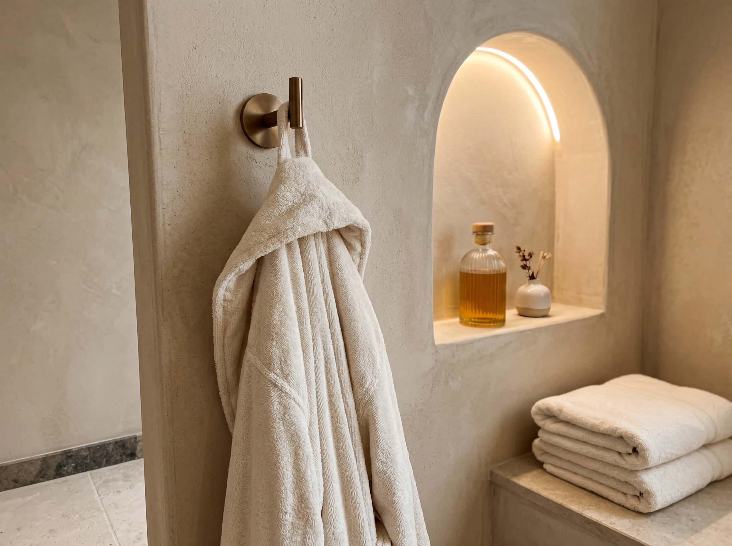 Cream robe hanging on brushed bronze hook with folded towels