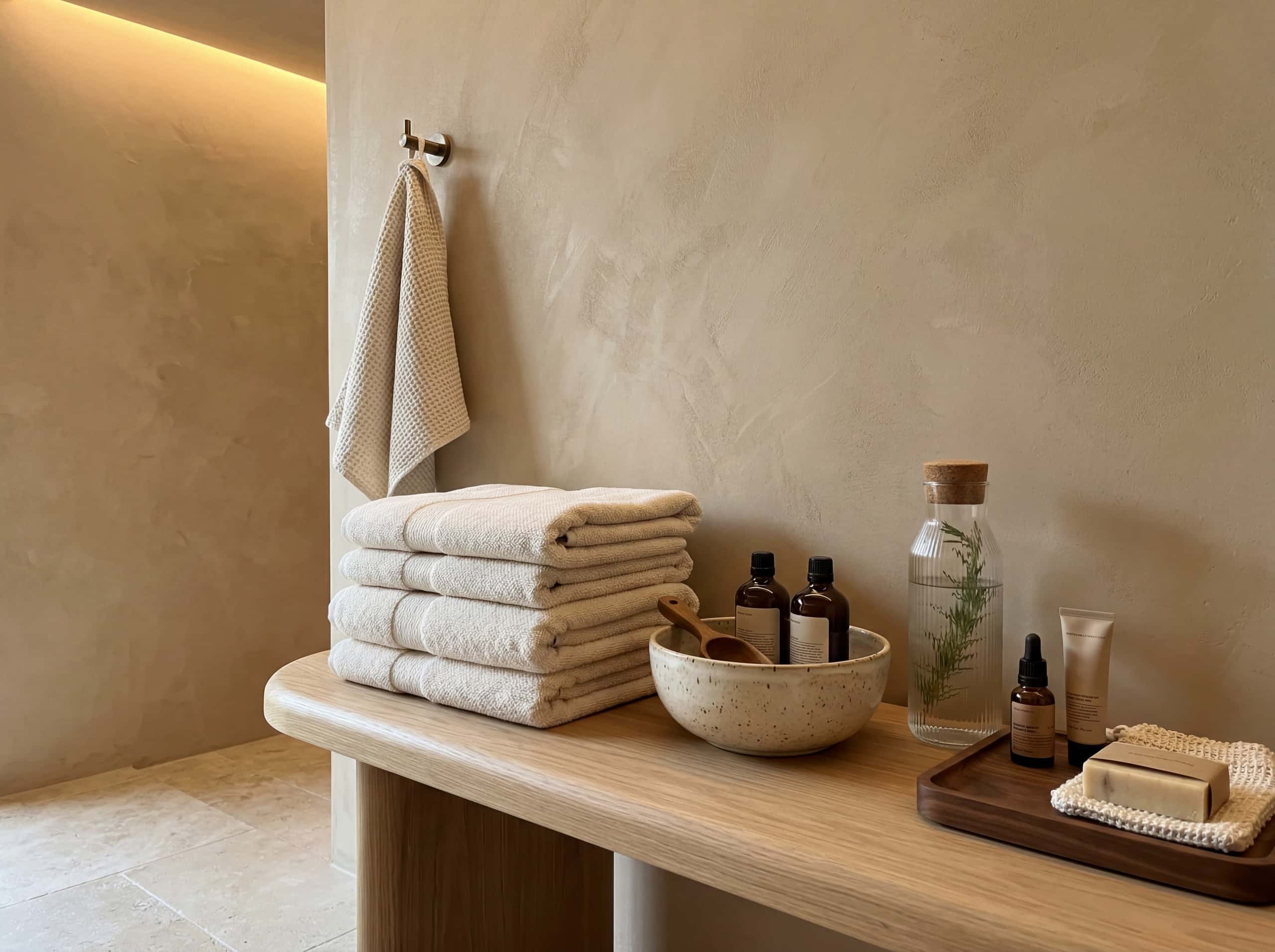 Neatly folded cream towels on white oak shelf