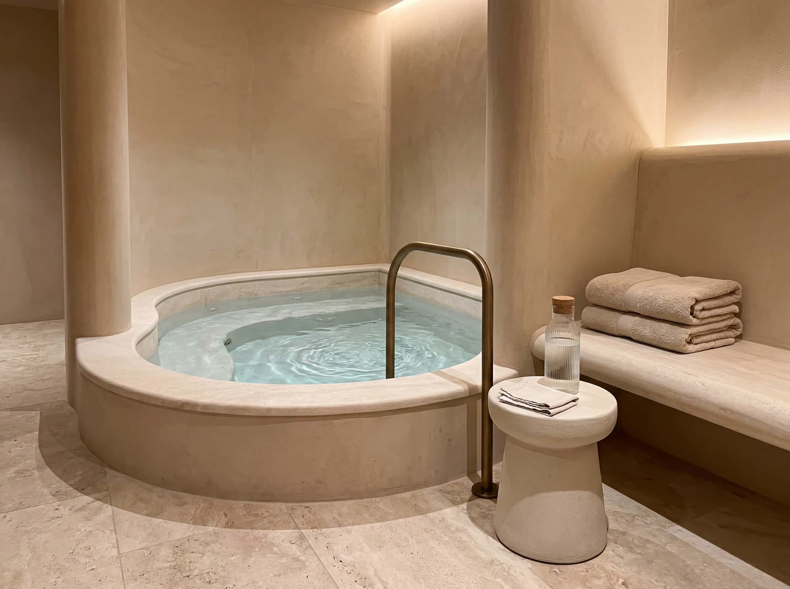 Cold plunge basin with brushed bronze rail