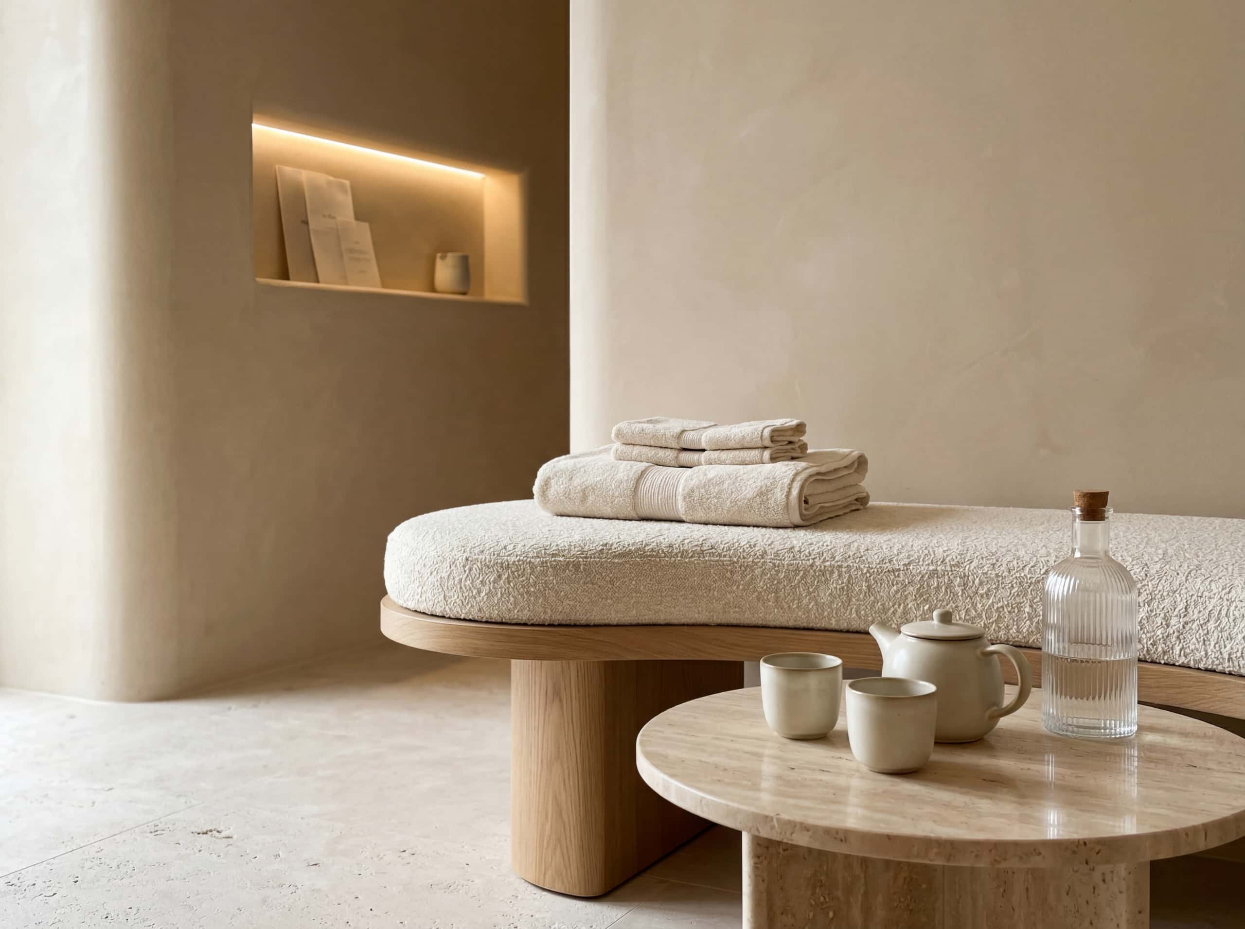 Entry lounge with white oak bench and rounded corners