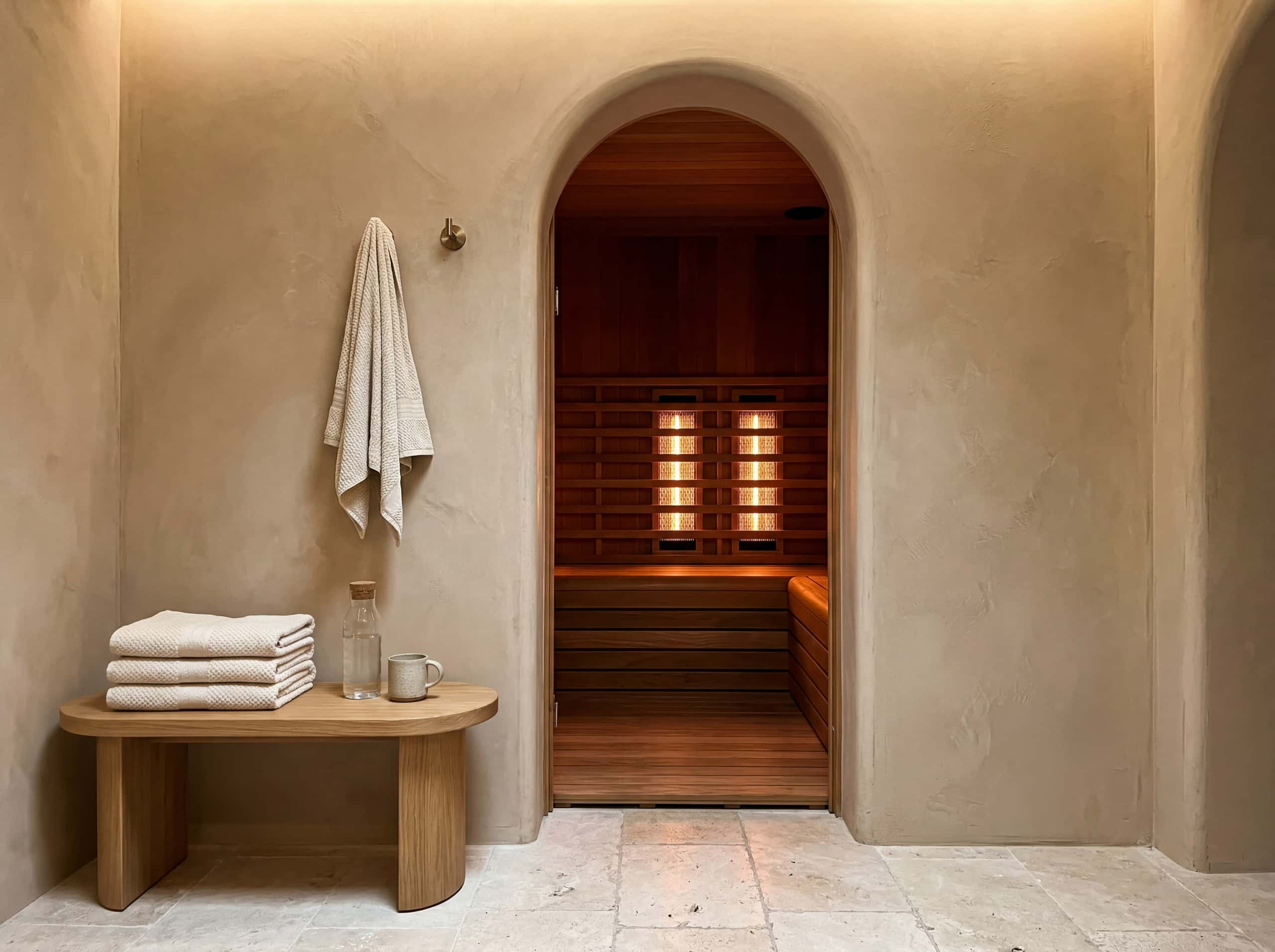 Infrared sauna interior with warm amber glow